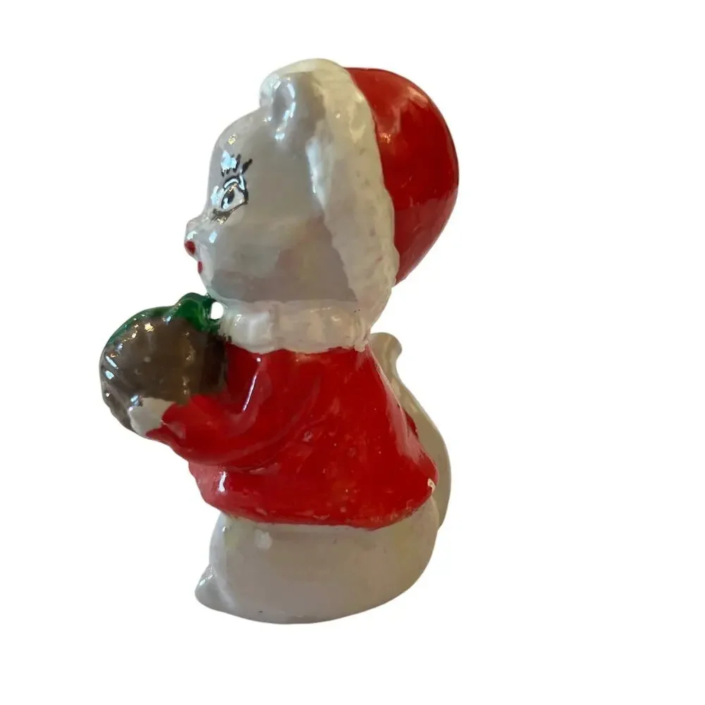 Vtg Christmas Mouse Figurine Santa Suit Holding‎ Nut Long Lashes MCM Japan Napco